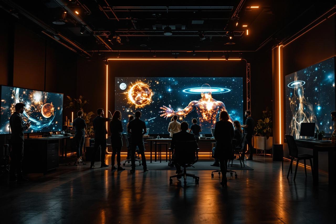 快活影院科研团队在现代化暗色调工作室协作,大屏幕显示宇宙可视化画面